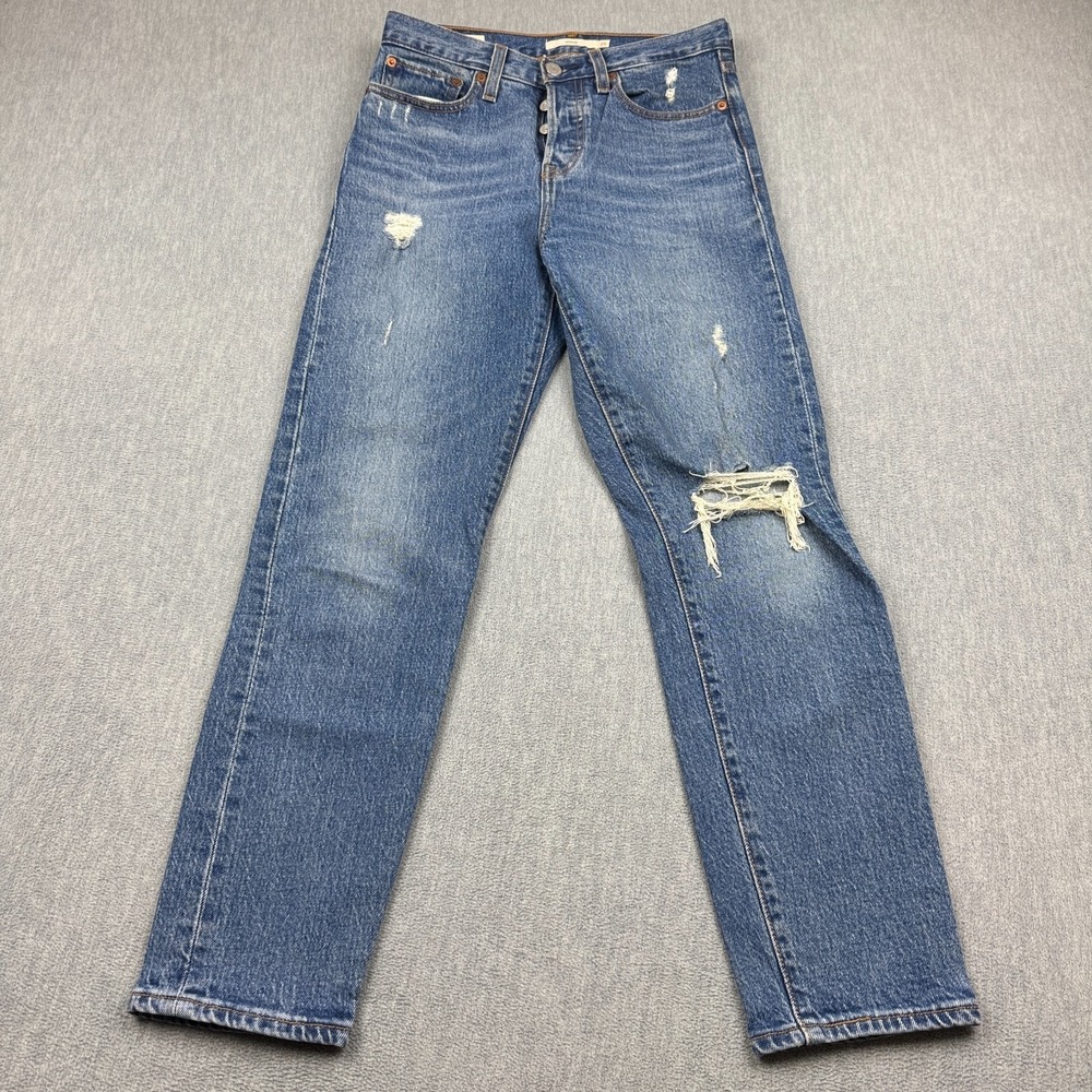 Levis Jeans Womens 25x27 Blue Denim Distressed Button Fly Straight High Rise